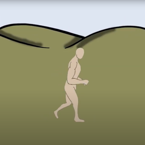 A still from an animation of a tan figure walking on green hills