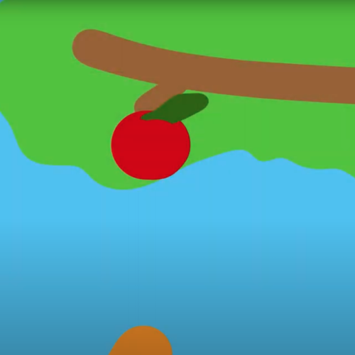 A still from an animation by Emma Chien of a red apple in a tree about to be picked by an orange figure