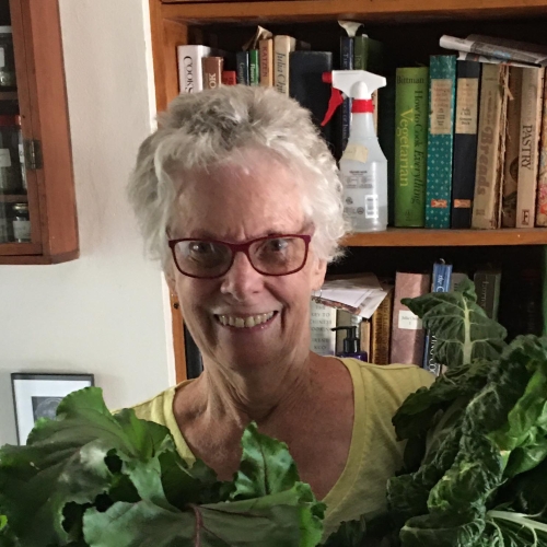 Susan Viguers standing in front of a bookcase, holding plants.