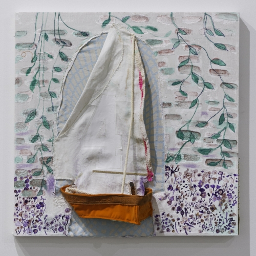 A textile work that depicts a sailboat made from cloth on a white backdrop decorated with green leaves and purple flowers