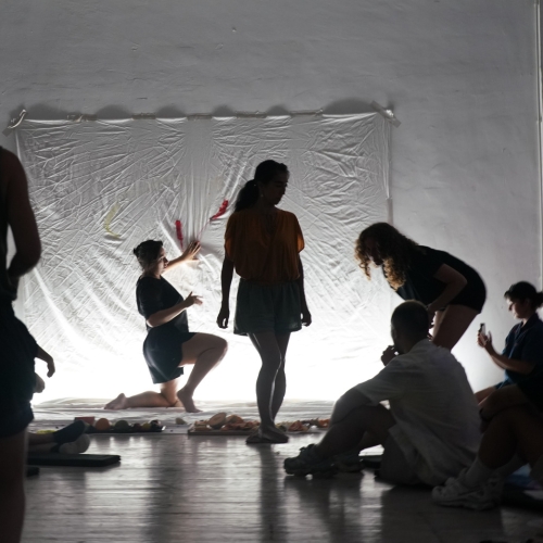 an interactive dance performance in which the silhouettes of a people in a white-walled room with a white canvas across the viewer ar positioned. people are seated and relaxed, some are moving around, and one closest tot he canvas and light source on the flor is smearing paint on the canvas. 
