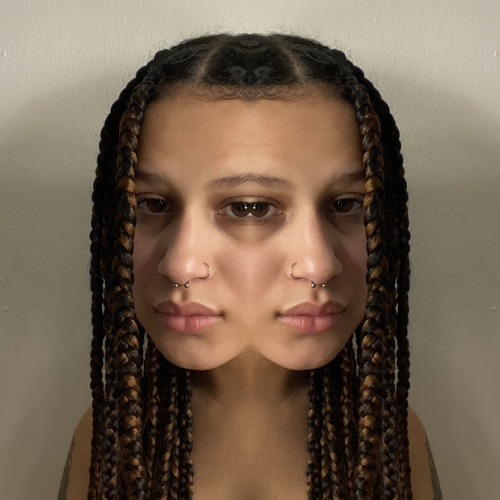 A surreal, mirrored image of Anjaneya Cole