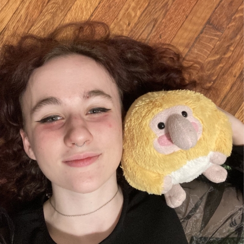 headshot of katrina mortko. Katrina is lying on a hardwood floor with curl hair flopping out in all directions. next to katrina's head is a fuzzy mustard yellow plushie with rosy cheeks and a big nose. 