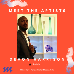 Test that reads "meet hte artists, devon harrison" with Devon Harrison's headshot over an orange background. 
