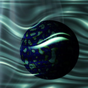 A globe-shaped object floats in a swirly haze in teal, blue, green. 