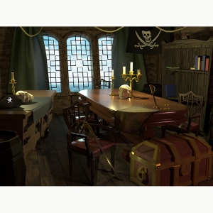 Game art of captain's quarters on a ship. A table is seen with candles, a skull, a sword and coins. There is a trunk under the table and a bookshelf next to it with seven books on the top shelf. Art by by Luke Helgesen BFA '20