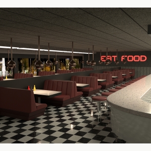 Game art of a diner with empty booths, a bar and a sign that reads "Eat Food" by Jason Clibanoff, BFA '20