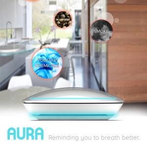 a poster for an air quality sensor in front of a kitchen with the words "AURA: Reminding you to breath better" written over it in blue lettering