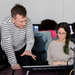 Students work on 2-D computer character animations in professor Chris McDonnell's class
