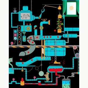 Minu Aktar '23, an illustration of a better mouse trap resembling a chain reaction machine