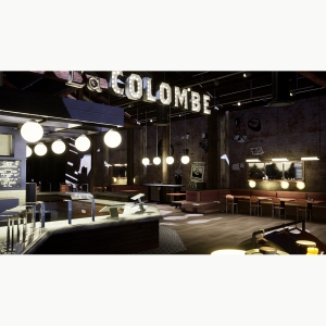 Game art of La Colombe, an empty coffee shop with circular lights hanging from the ceiling, "La Colombe" in marquee letters with light bulbs. Art by Rylee Cassel BFA ’20, Luke Helgesen BFA ’20, Mac Rose BFA ’20 and Jason Clibanoff BFA '20 