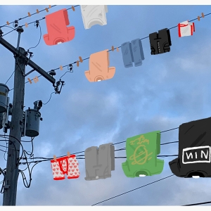 Morgan Peden '23, Combining Media. An illustration of clothes hung up on telephone wires.