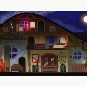 Game art of the inside of a house, including an attic with an art easel, bedroom with a dresser and mirror, living room with a fireplace, sining room with a wooden table and a hutch, and a kitchen with an iron stove. The moon can be seen behind the house. Art by Danielle Vuono BFA '19.