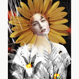 Kayla Klavins '23, Digital Self Portrait of a person with flower petals around their head and leaves on their shirt