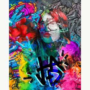 Vanessa Dinh '23, Digital Self Portrait of a person with colorful graffiti art overtop of the image