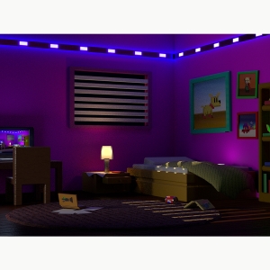 Game art of a room with fuchsia walls, a slated window, art on the walls, a bed, books on the floor and a nightstand with a lit lamp. Art by Eden Blas '21.