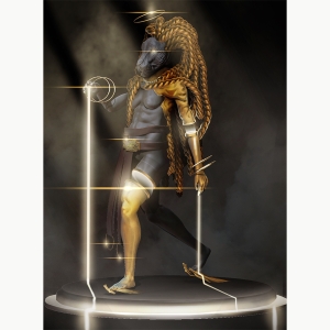 Game art of a cat-like character with gold rope for hair, a gold shoulder pad, a gold leg and arm by Lamont Robinson '21