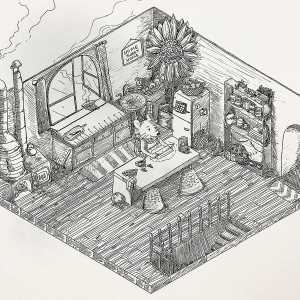 Vanessa Dinh '23, Isometric Drawing of a mouse sitting at a table in the kitchen.