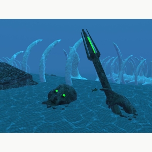 Game art of the bottom of the ocean with large skeletons coming out of the ocean floor, a eroded statue of a person holding a septor with a glowing green tip and with glowing green eyes. Art by Jason Clibanoff BFA '20 