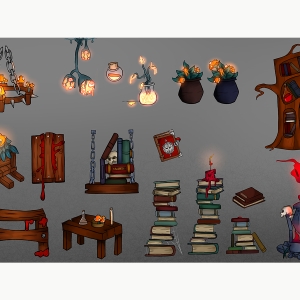 Game art assets for Project L by Mac Rose BFA '20. Home assets include a stack of books with a lit candle, potted flowers resembling mushrooms, a bookshelf that's build in a tree trunk, ceiling lamps that are plant-like with glowing bulbs, a table with melted candle wax, a cauldron with fire and red smoke, and a wheelbarrow with glowing plants.
