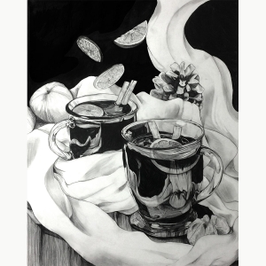Nina Gamboni '23, Volumetric Drawing of glass tea cups on a sheet of fabric