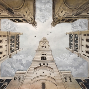 Toni Chung '23, Perspective of city buildings with the viewer looking up at the sky