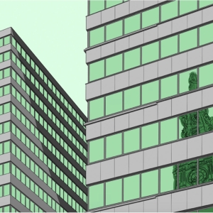 Viktor Freeling BFA '20, Perspective of city buildings with glass windows in a green hue