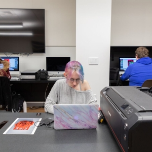 A student works on their laptop next to a printer in the digital imaging lab.