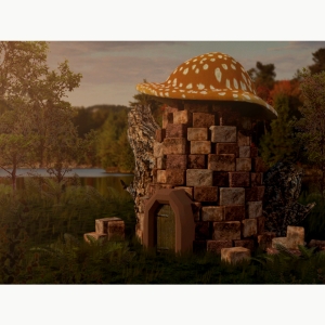 Game art of a dragon forest building made of bricks with a curved roof resembling a mushroom by Rylee Cassel BFA '20