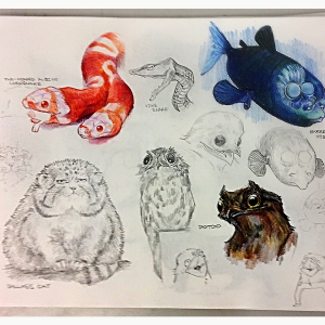 Beatrice Woodward '23, Sketchbook of animal drawings including a two-headed snake, a fat cat, birds and a blue fish