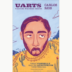 An illustration of Carlos Rios for the Visiting Writers Series made by Melita Tirado BFA '19