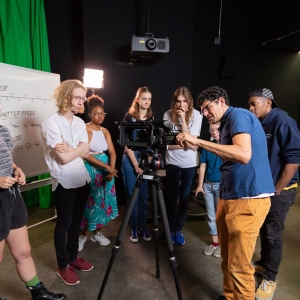 Students learn how to use a Blackmagic Ursa camera with professor Mike Attie.
