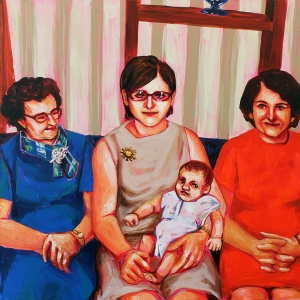 A painting of three women sitting on a couch and one is holding a baby
