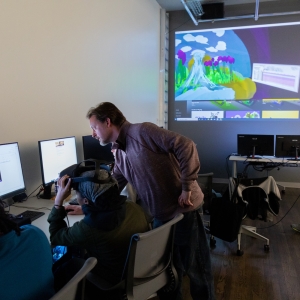 Erik Van Horn teaches students how to make art using virtual reality technology in the Center for Immersive Media