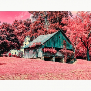 A photograph in pink and blue hues of a barn and a house in front of trees