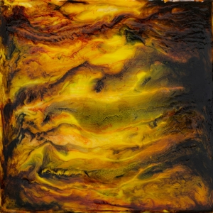 An abstract acrylic painting of yellow, brown, red and tan colors creating light and dark layers