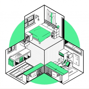 A graphic design of an isometric room in black, white and green. There are three rooms: a bedroom, living room and office space. Each room is rotated 90 degrees from the next created a three-dimensional shape.