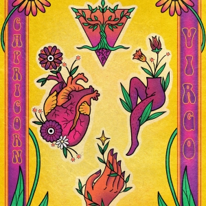 a colorful poster-like image styled after a tattoo flash sheet with a yellow background and pink-violet border. the images contained include a sapling in a downturned triangle, an anatomical heart with flowers growing from it, the lower half of a person sitting in leaves, and a hand wrapped with a vine. 