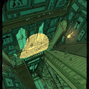 a deeply green-tinged illustration of a person with a bag on their head holding a flashlight ascending a long staircase to a mezzanine in a spooky, decrepit, green-tinged victorian or gothic mansion. the beam of the flashlight is in a pale yellow. 