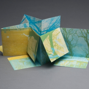 a complex folded paper shape rests against a blank gray space. each facet of the folded paper object is printed with a different image in either cyan or yellow - in some cases both, with yellow overlapping - showing images of bare tree branches against a clear sky. 