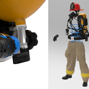 A split image: On the left, a detail of what appears to be some kind of personal protective equipment with a canister and some kind of bladder or tank. "Hera" is visible on the side of the plastic canister. On the right, an invisible figure of a firefighter or other rescue worker acts as a mannequin for a pair of pants, a helmet, gloves, a facemask, and some kind of backpack or other accessory (presumably the tank/canister object depicted in detail on the left of the image.)