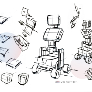 A broad sheet of gestural sketches of parts of what resembles a robotic shopping cart. The sketches traverse varying levels of detail, from rough concepts on the left to more polished drawings and eventually a rendering of the final product on the right.