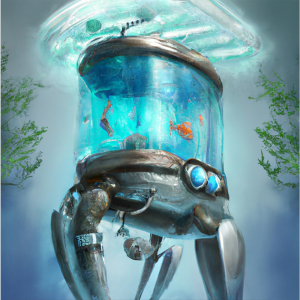 A surreal illustration resembling a robot aquarium in a blue field.