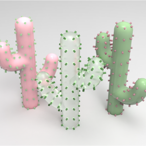 Pink, green and translucent cactus-shaped objects, rendered in 3D. The cacti have blunt, cylindrical glochids (spines) jutting out in various lengths and angles. The surface of the objects is smooth, resembling plastic. 