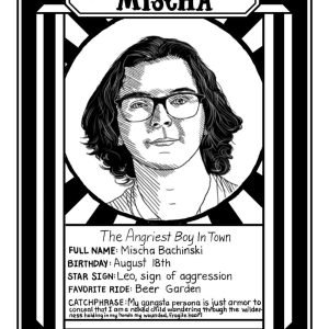 a stylized hand drawn trading card of ride the cyclone character mischa aka the angriest boy in town. 