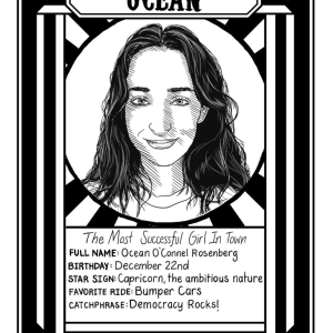 stylized hand drawn black and white trading card for ride the cyclone character ocean