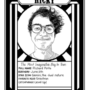 hand drawn black and white stylized trading card for ride the cyclone character ricky