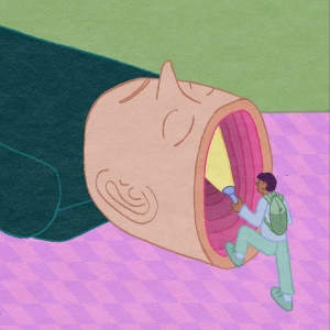A surreal image of a man laying on his back on a bright pink checkered floor. The top of his head is open, revealing a cave-like corridor with rings of pinkish fleshy material. A miniscule figure who is just about as tall as the man’s head is wearing green clothing, holding a flashlight.