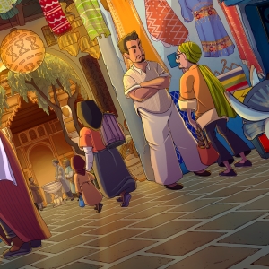 An interior scene of a courtyard. The illustration has an interesting perspective. The viewer is looking from behind donkey and cat characters, depicted at the right of the scene. There are figures in the center of the image, one is a man in light-colored clothes with his arms crossed and the others are wearing head scarves. There are spices, clothing and colorful decorations dotting the piece.
