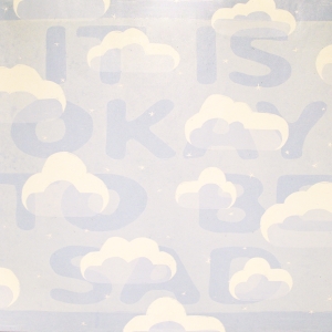 screenprint, natural colors with letters and clouds 